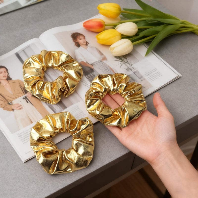 LUSTRIB 4 Pcs Gold Hair Scrunchies, Shiny PU Leather Hair Ties for Women & Girls, Elastic Glam Hair Accessories for Cheerleading Teen Girls College Sports Ponytail & Daily Use - Image 3